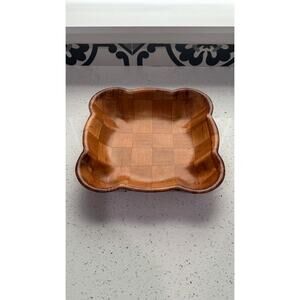 VINTAGE Patchwork Checkerboard Pattern Wooden Bowl Scalloped Edges